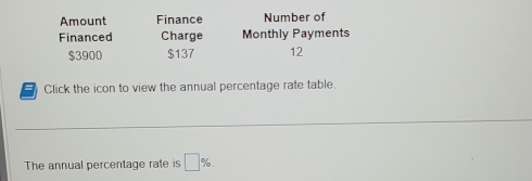 Amount Finance Number of 
Financed Charge Monthly Payments
$3900 $137 12 
Click the icon to view the annual percentage rate table. 
The annual percentage rate is □ %.