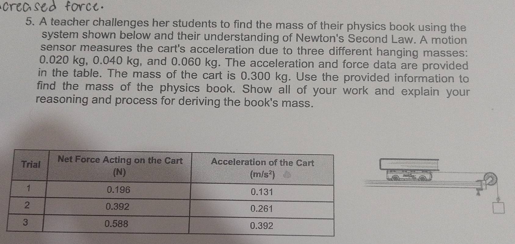 A teacher challenges her students to find the mass of their physics book using the
system shown below and their understanding of Newton's Second Law. A motion
sensor measures the cart's acceleration due to three different hanging masses:
0.020 kg, 0.040 kg, and 0.060 kg. The acceleration and force data are provided
in the table. The mass of the cart is 0.300 kg. Use the provided information to
find the mass of the physics book. Show all of your work and explain your
reasoning and process for deriving the book's mass.