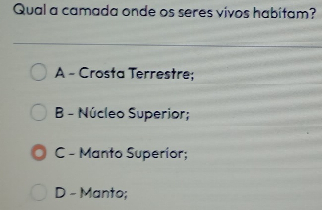 Qual a camada onde os seres vivos habitam?
A - Crosta Terrestre;
B - Núcleo Superior;
C - Manto Superior;
D - Manto;