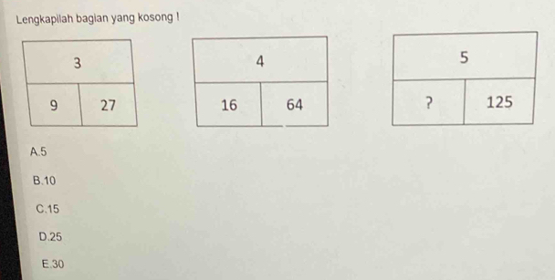 Lengkapilah bagian yang kosong !

A. 5
B. 10
C. 15
D. 25
E. 30