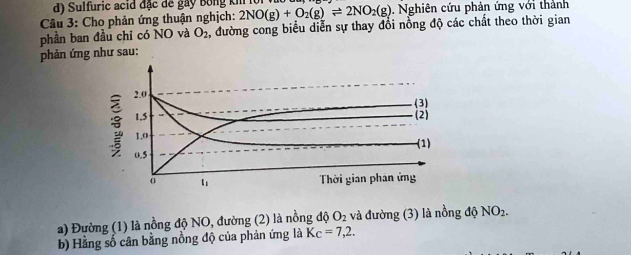 Sulfuric acid đặc để gây bóng kh lội v 
Câu 3: Cho phản ứng thuận nghịch: 2NO(g)+O_2(g)leftharpoons 2NO_2(g). Nghiên cứu phản ứng với thành 
phần ban đầu chỉ có NO và O_2 , đường cong biểu diễn sự thay đổi nồng độ các chất theo thời gian 
phản ứng như sau:
2.0 (3)
1.5 (2)
1,0
(1)
0.5
0 t_1
Thời gian phân ứng 
a) Đường (1) là nồng độ NO, đường (2) là nồng độ O_2 và đường (3) là nồng độ NO_2. 
b) Hằng số cân bằng nồng độ của phản ứng là K_c=7,2.