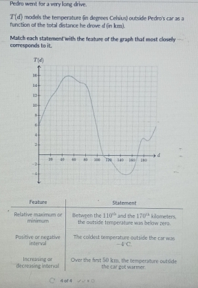 Pedro went for a very long drive.
T(d) models the temperature (in degrees Celsius) outside Pedro's car as a
function of the total distance he drove d (in km).
Match each statement with the feature of the graph that most closely
corresponds to it.
Feature Statement
110° and the 170^(th)
Relative maximum or minimum Between the the outside temperature was below zero. kilometers,
Positive or negative interval The coldest temperature outside the car was
-4°C
decreasing interval Increasing or Over the first 50 km, the temperature outside
the car got warmer.
4 of 4