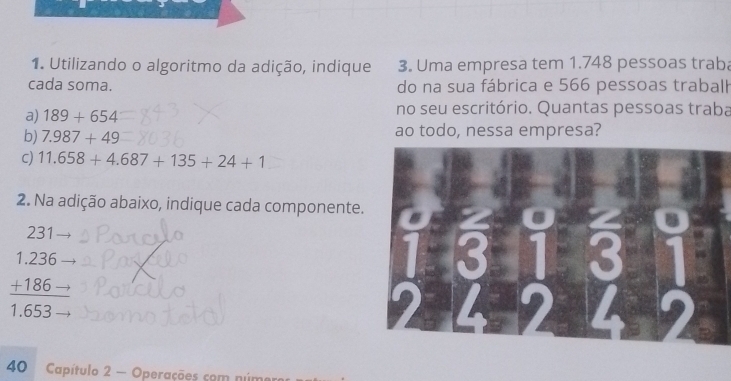 Utilizando o algoritmo da adição, indique 3. Uma empresa tem 1.748 pessoas traba 
cada soma. do na sua fábrica e 566 pessoas trabalh 
a) 189+654 no seu escritório. Quantas pessoas traba 
b) 7.987+49 ao todo, nessa empresa? 
c) 11.658+4.687+135+24+1
2. Na adição abaixo, indique cada componente. 
231
frac beginarrayr 1.236 +186endarray 1.6endarray 
40 Capítulo 2 - Operações com núm