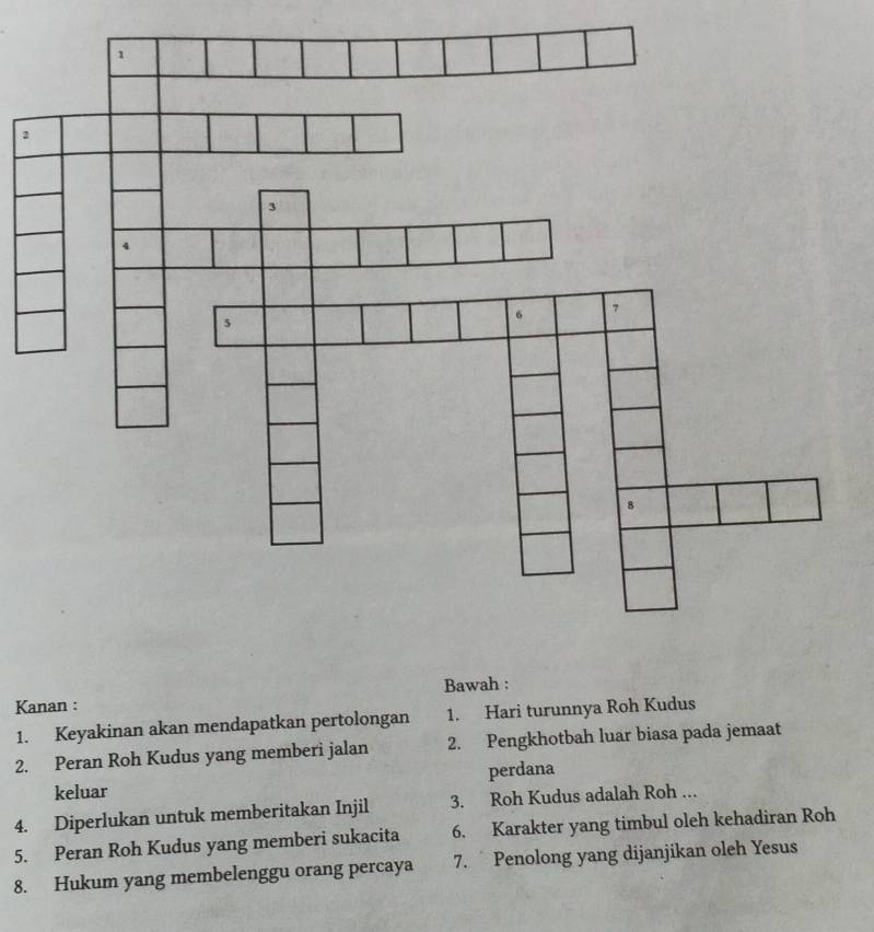 Bawah : 
Kanan : 
1. Keyakinan akan mendapatkan pertolongan 1. Hari turunnya Roh Kudus 
2. Peran Roh Kudus yang memberi jalan 2. Pengkhotbah luar biasa pada jemaat 
keluar perdana 
4. Diperlukan untuk memberitakan Injil 3. Roh Kudus adalah Roh ... 
5. Peran Roh Kudus yang memberi sukacita 6. Karakter yang timbul oleh kehadiran Roh 
8. Hukum yang membelenggu orang percaya 7. Penolong yang dijanjikan oleh Yesus