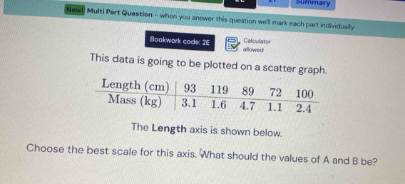 Summary 
New! Multi Part Question - when you answer this question we'll mark each part individually 
Bookwork code: 2E Calcullator 
allowed 
This data is going to be plotted on a scatter graph. 
The Length axis is shown below. 
Choose the best scale for this axis. What should the values of A and B be?