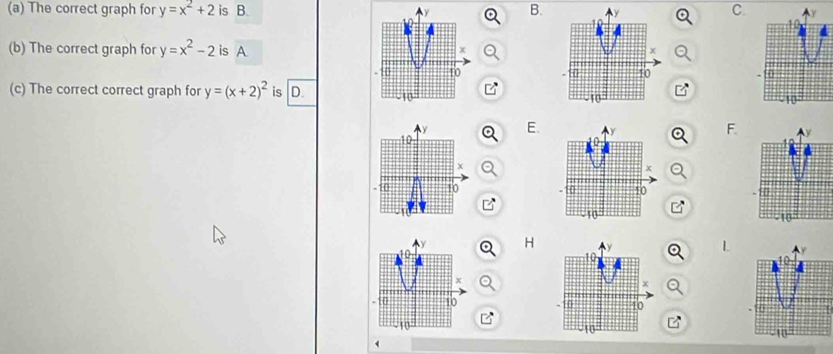 The correct graph for y=x^2+2 is B. B. C.
(b) The correct graph for y=x^2-2 is A. 

(c) The correct correct graph for y=(x+2)^2 is D.
E. 
F

H
1.