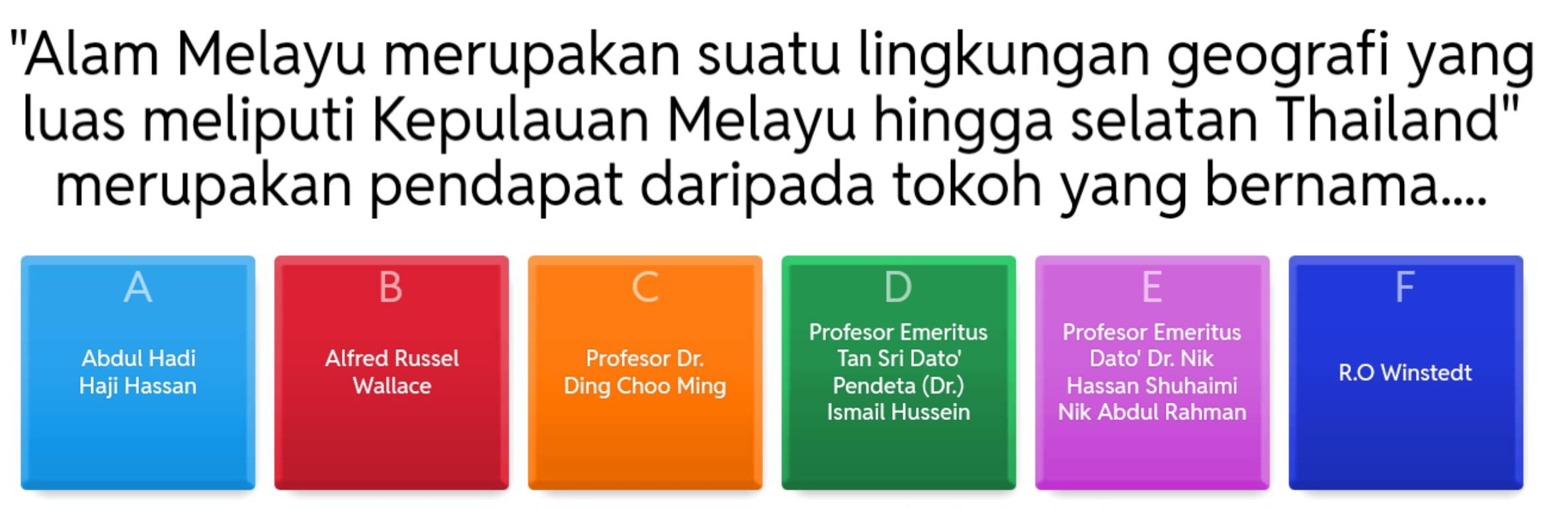 "Alam Melayu merupakan suatu lingkungan geografi yang 
luas meliputi Kepulauan Melayu hingga selatan Thailand" 
merupakan pendapat daripada tokoh yang bernama.... 
B 
F 
Profesor Emeritus Profesor Emeritus 
Abdul Hadi Alfred Russel Profesor Dr. Tan Sri Dato' Dato' Dr. Nik 
Haji Hassan Wallace Ding Choo Ming Pendeta (Dr.) Hassan Shuhaimi 
R.O Winstedt 
Ismail Hussein Nik Abdul Rahman