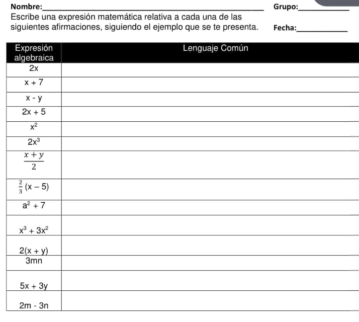 Nombre:_ Grupo:_
Escribe una expresión matemática relativa a cada una de las
siguientes afirmaciones, siguiendo el ejemplo que se te presenta. Fecha:_
_
_