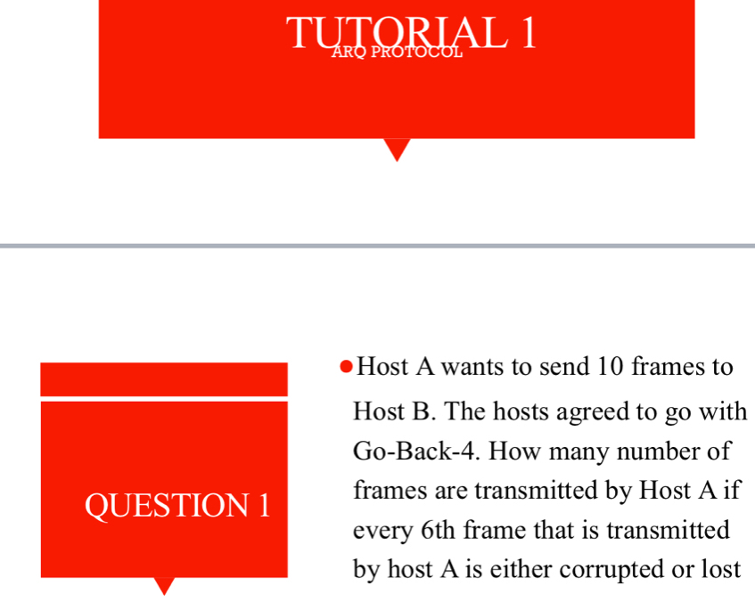 TUTORIAL 1 
Host A wants to send 10 frames to 
Host B. The hosts agreed to go with 
Go-Back- 4. How many number of 
QUESTION 1 frames are transmitted by Host A if 
every 6th frame that is transmitted 
by host A is either corrupted or lost