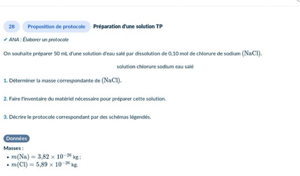 Résolu :Proposition de protocole Préparation d'une solution TP I * ANA ...