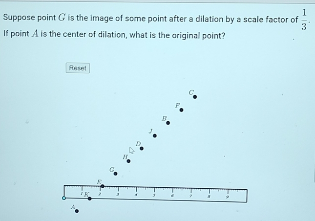 Suppose point G is the image of some point after a dilation by a scale factor of  1/3 . 
If point A is the center of dilation, what is the original point?