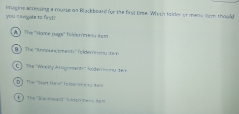 imagine accessing a course on Blackboard for the first time. Which folder or menu item should
you navigate to first?
A The "Home page" folder/menu item
B  The ''Announcements'' folder/menu item
C The 'Weekly Assignments" folder/menu item
D The ''Start Here'' folder/menu item
E The ''Blackboard'' folder/menu item