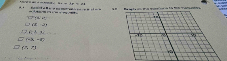 Here's an inequality: 6x+3y<24</tex>. 

8. 1 Select all the coordinate pairs that are 8.2Graph all the solutions to the inequality. I 0
solutions to the inequality.
PC (0,0)
(5,-2)
(-1,4)
(-3,-5)
(7,7)