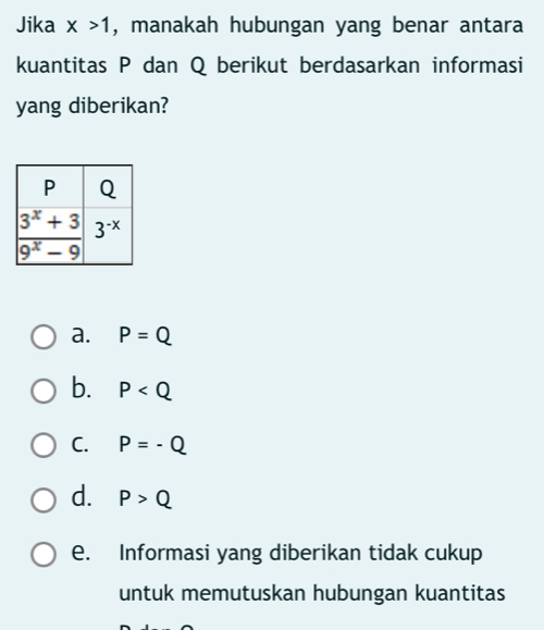 Jika x>1 , manakah hubungan yang benar antara
kuantitas P dan Q berikut berdasarkan informasi
yang diberikan?
a. P=Q
b. P
C. P=-Q
d. P>Q
e. Informasi yang diberikan tidak cukup
untuk memutuskan hubungan kuantitas