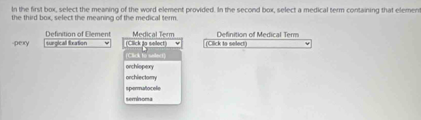 In the first box, select the meaning of the word element provided. In the second box, select a medical term containing that elemen
the third box, select the meaning of the medical term.
Definition of Element Medical Term Definition of Medical Term
-pexy surgical fixation (Click to select) (Click to select)
(Click to seleci)
orchiopexy
orchiectomy
spermatocele
seminoma