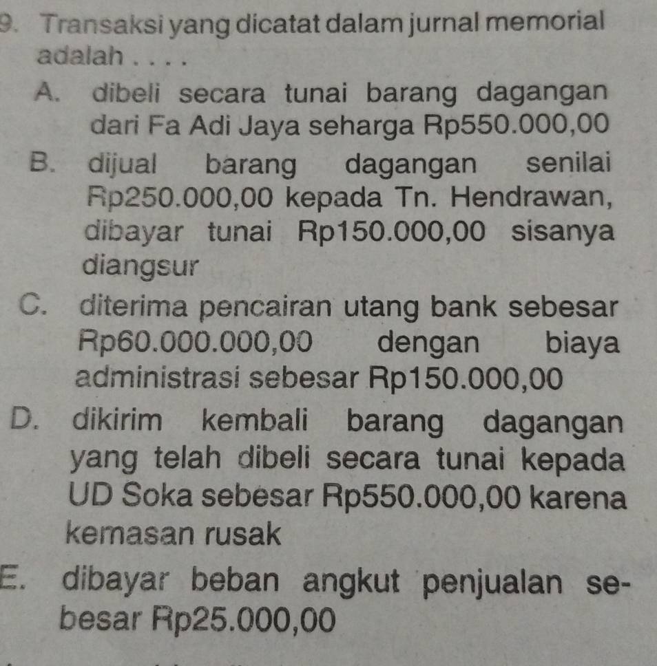 Transaksi yang dicatat dalam jurnal memorial
adalah . . . .
A. dibeli secara tunai barang dagangan
dari Fa Adi Jaya seharga Rp550.000,00
B. dijual barang dagangan senilai
Rp250.000,00 kepada Tn. Hendrawan,
dibayar tunai Rp150.000,00 sisanya
diangsur
C. diterima pencairan utang bank sebesar
Rp60.000.000,00 dengan biaya
administrasi sebesar Rp150.000,00
D. dikirim kembali barang dagangan
yang telah dibeli secara tunai kepada
UD Soka sebesar Rp550.000,00 karena
kemasan rusak
E. dibayar beban angkut penjualan se-
besar Rp25.000,00