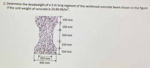 Determine the deadweight of a 1-m long segment of the reinforced concrete beam shown in the figure 
if the unit weight of concrete is 23.60km/m^3.