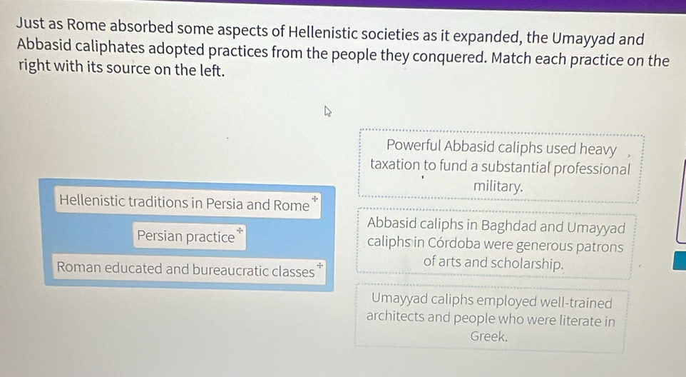 Just as Rome absorbed some aspects of Hellenistic societies as it expanded, the Umayyad and
Abbasid caliphates adopted practices from the people they conquered. Match each practice on the
right with its source on the left.
Powerful Abbasid caliphs used heavy ,
taxation to fund a substantial professional
military.
Hellenistic traditions in Persia and Rome
Abbasid caliphs in Baghdad and Umayyad
Persian practice* caliphs in Córdoba were generous patrons
Roman educated and bureaucratic classes*
of arts and scholarship.
Umayyad caliphs employed well-trained
architects and people who were literate in
Greek.