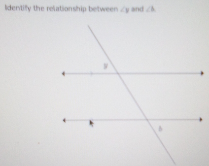 Identify the relationship between ∠ y and ∠ b.