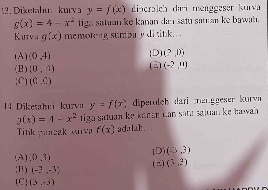 Diketahui kurva y=f(x) diperoleh dari menggeser kurva
g(x)=4-x^2 tiga satuan ke kanan dan satu satuan ke bawah.
Kurva g(x) memotong sumbu y di titik..
(A) (0,4)
(D) (2,0)
(B) (0,-4)
(E) (-2,0)
(C) (0,0)
14. Diketahui kurva y=f(x) diperoleh dari menggeser kurva
g(x)=4-x^2 tiga satuan ke kanan dan satu satuan ke bawah.
Titik puncak kurva f(x) adalah…
(D) (-3,3)
(A) (0,3)
(E) (3,3)
(B) (-3,-3)
(C) (3,-3)