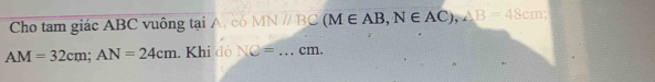 Cho tam giác ABC vuông tại A, có MN //BC (M∈ AB, N∈ AC), AB=48cm
AM=32cm; AN=24cm. Khi đó NO= _ cm.