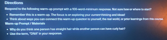 Solved: Directions Respond to the following warm-up prompt with a 100 ...