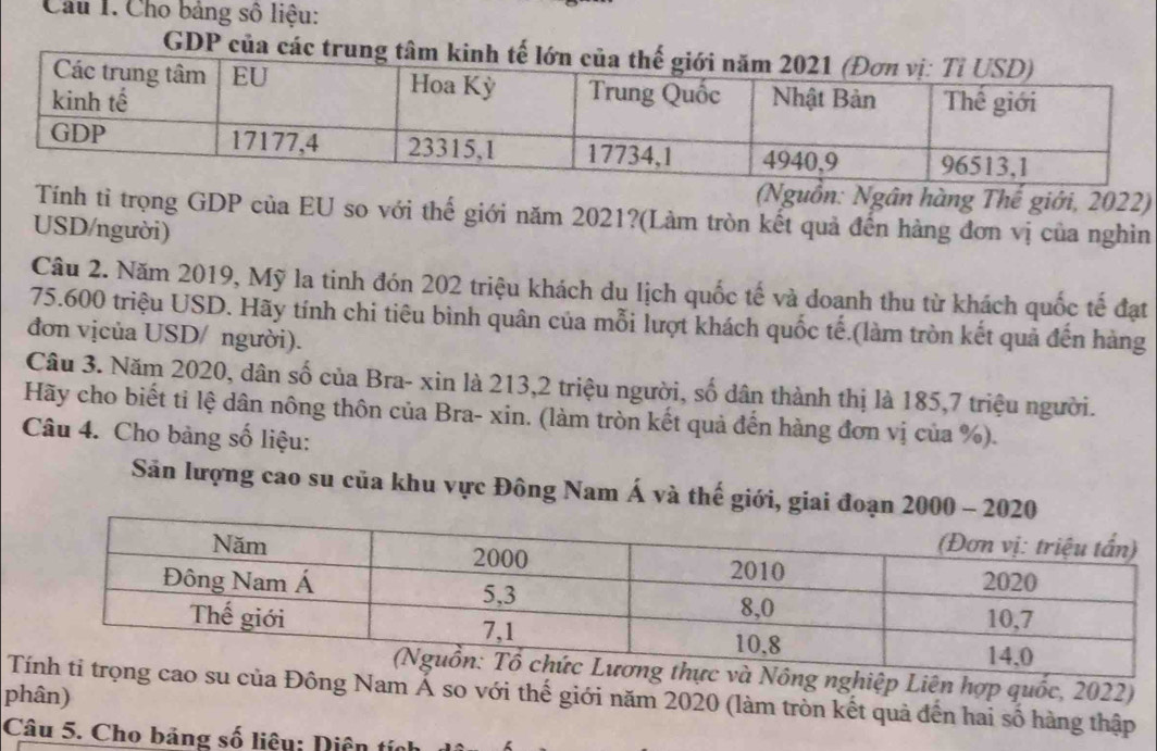 Cầu I. Cho bảng số liệu: 
GDP của c 
(Nguồn: Ngân hàng Thế giới, 2022) 
Tính tỉ trọng GDP của EU so với thế giới năm 2021?(Làm tròn kết quả đến hàng đơn vị của nghìn 
USD/người) 
Câu 2. Năm 2019, Mỹ la tinh đón 202 triệu khách du lịch quốc tế và doanh thu từ khách quốc tế đạt
75.600 triệu USD. Hãy tính chi tiêu bình quân của mỗi lượt khách quốc tế.(làm tròn kết quả đến hàng 
đơn vịcủa USD/ người). 
Câu 3. Năm 2020, dân số của Bra- xin là 213, 2 triệu người, số dân thành thị là 185, 7 triệu người. 
Hãy cho biết ti lệ dân nông thôn của Bra- xin. (làm tròn kết quả đến hàng đơn vị của %). 
Câu 4. Cho bảng số liệu: 
Sân lượng cao su của khu vực Đông Nam Á và thế giới, giai đoạn 
nghiệp Liên hợp quốc, 2022) 
phân) 
a Đông Nam Á so với thế giới năm 2020 (làm tròn kết quả đến hai số hàng thập 
Câu 5. Cho bảng số liêu: Diên tính