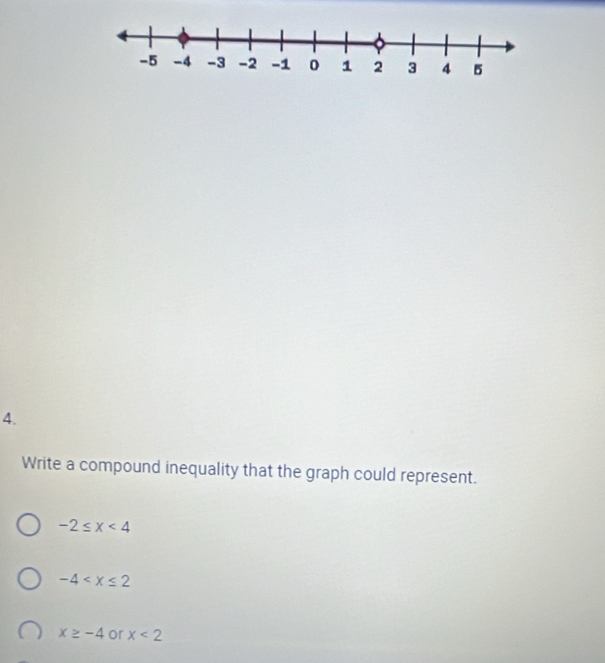 Write a compound inequality that the graph could represent.
-2≤ x<4</tex>
-4
x≥ -4 or x<2</tex>