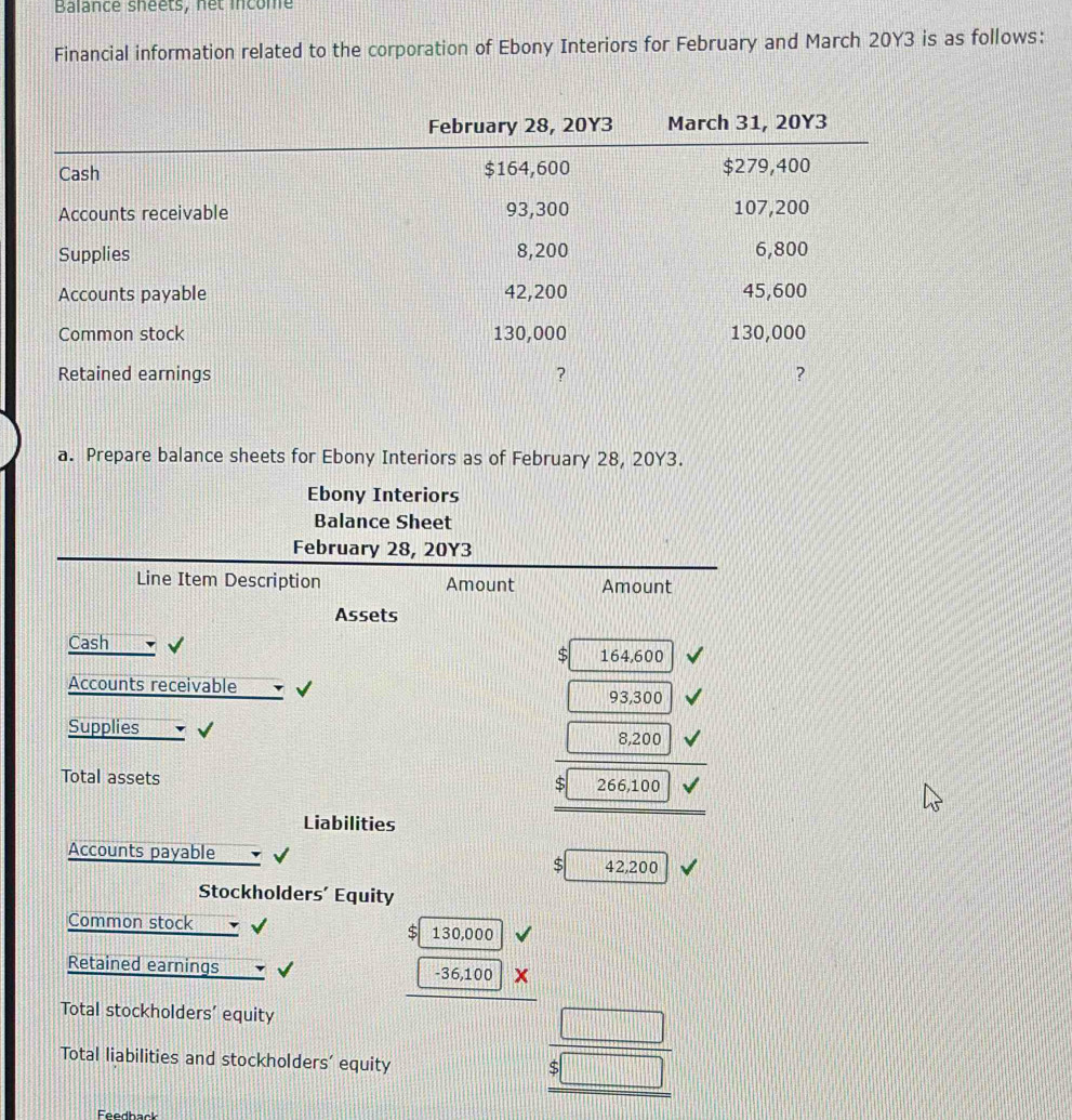 Balance sheets, net income 
Financial information related to the corporation of Ebony Interiors for February and March 20Y3 is as follows: 
a. Prepare balance sheets for Ebony Interiors as of February 28, 20Y3. 
Ebony Interiors 
Balance Sheet 
February 28, 20Y3 
Line Item Description Amount Amount 
Assets 
Cash 
S 164,600
Accounts receivable √
93,300
Supplies √
8,200
Total assets 266,100
Liabilities 
Accounts payable
42,200
Stockholders' Equity 
Common stock 
S 130,000
Retained earnings - 36,100
Total stockholders’ equity 
Total liabilities and stockholders’ equity 
beginarrayr □  55□  
Feedback