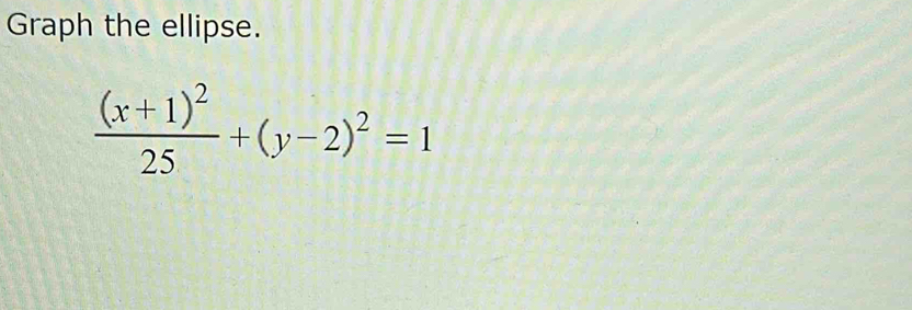 Graph the ellipse.
frac (x+1)^225+(y-2)^2=1