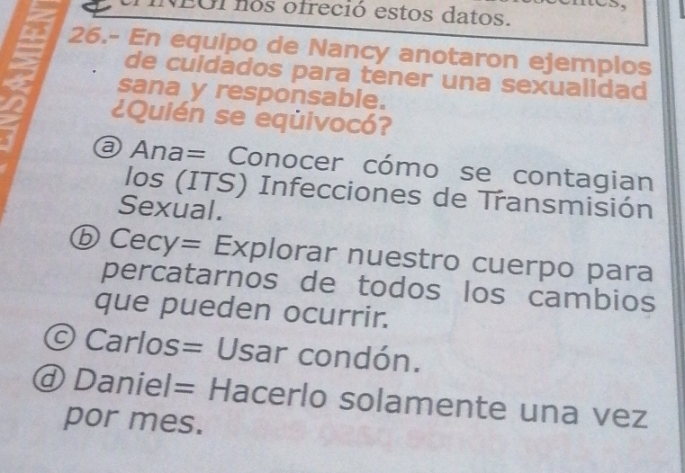 EGI nos ofreció estos datos.
26.- En equipo de Nancy anotaron ejemplos
de cuidados para tener una sexualidad
sana y responsable.
¿Quién se equivocó?
@ Ana= Conocer cómo se contagian
los (ITS) Infecciones de Transmisión
Sexual.
ⓑ Cecy= Explorar nuestro cuerpo para
percatarnos de todos los cambios
que pueden ocurrir.
© Carlos= Usar condón.
ⓓ Daniel= Hacerlo solamente una vez
por mes.