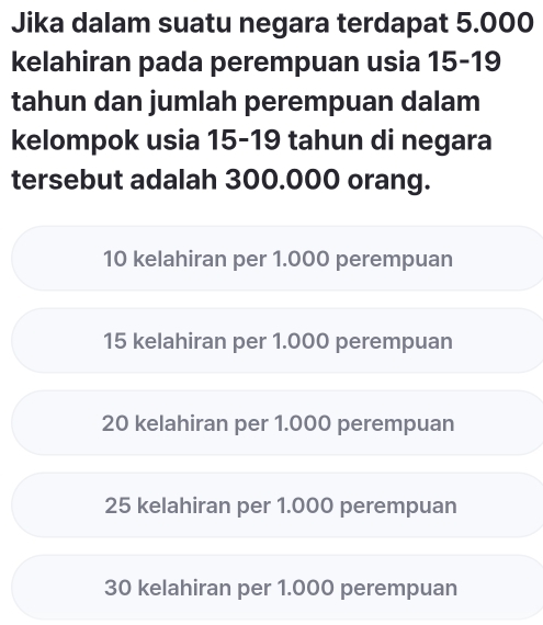 Jika dalam suatu negara terdapat 5.000
kelahiran pada perempuan usia 15-19
tahun dan jumlah perempuan dalam
kelompok usia 15-19 tahun di negara
tersebut adalah 300.000 orang.
10 kelahiran per 1.000 perempuan
15 kelahiran per 1.000 perempuan
20 kelahiran per 1.000 perempuan
25 kelahiran per 1.000 perempuan
30 kelahiran per 1.000 perempuan