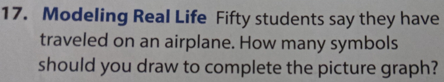 Modeling Real Life Fifty students say they have 
traveled on an airplane. How many symbols 
should you draw to complete the picture graph?