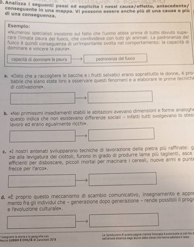 Analizza i seguenti passi ed esplicita i nessi causa/effetto, antecedente/
conseguente in una mappa. Vi possono essere anche più di una causa o più
di una conseguenza.
Esempio:
*Numerosi specialisti insistono sul fatto che l'uomo abbia prima di tutto dovuto supe-
rare l'innata paura del fuoco, che condivideva con tutti gli animali. La padronanza del
fuoco è quindi conseguenza di un'importante svolta nel comportamento: la capacitá di
dominare e vincere la paura».
capacità di dominare la paura padronanza del fuoco
a «Dato che a raccogliere le bacche e i frutti selvatici erano soprattutto le donne, è pro-
babile che siano state loro a osservare questi fenomeni e a elaborare le prime tecnich
di coltivazione».
b. «Nei primissimi insediamenti stabili le abitazioni avevano dimensioni e forme analoghe
questo indica che non esistevano differenze sociali - infatti tutti svolgevano lo stes
lavoro ed erano egualmente ricchi».
c. «I nostri antenati svilupparono tecniche di lavorazione della pietra più raffinate: g
zie alla levigatura dei ciottoli, furono in grado di produrre lame più taglienti, asce
efficienti per disboscare, piccoli mortal per macinare i cereali, nuove armi e punte
frecce per l’arco».
d. «É proprio questo meccanismo di scambio comunicativo, insegnamento e appre
mento fra gli individui che - generazione dopo generazione - rende possibili il progr
e l'evoluzione culturale».
insegnare la storia e la geografía con La riproduzione di questa pagina tramite fotocopia à autorizzata ai soli fini d
Maccio LUOGHI E CIVILTÁ © Zanichelli 2018 nell attività didattica degli alunni delle classi che hanno adottato il testo