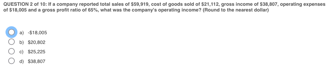 of 10: If a company reported total sales of $59,919, cost of goods sold of $21,112, gross income of $38,807, operating expenses
of $18,005 and a gross profit ratio of 65%, what was the company's operating income? (Round to the nearest dollar)
a) -$18,005
b) $20,802
c) $25,225
d) $38,807