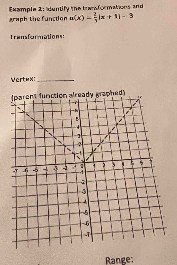 Example 2: Identify the transformations and 
graph the function a(x)= 2/3 |x+1|-3
Transformations: 
Vertex:_ 
Range: