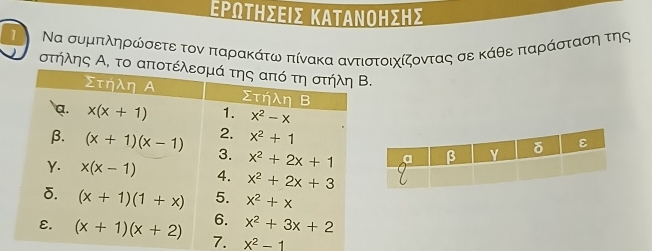 ΕρωτησΕις ΚαΤανοησης
1 Να συμπληρώσετε τον παρακάτω πίνακα αντιστοιχίζοντας σε κάθε παράσταση της
στήλης Α, το 
7. x^2-1