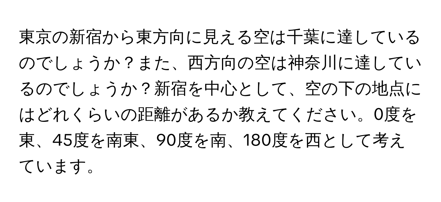 東京の新宿から東方向に見える空は千葉に達しているのでしょうか？また、西方向の空は神奈川に達しているのでしょうか？新宿を中心として、空の下の地点にはどれくらいの距離があるか教えてください。0度を東、45度を南東、90度を南、180度を西として考えています。