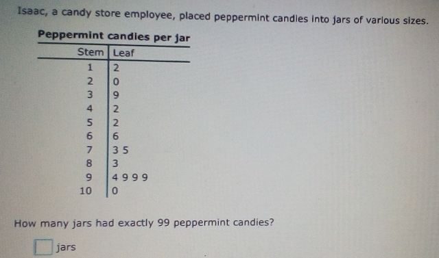 Isaac, a candy store employee, placed peppermint candies into jars of various sizes. 
Peppermint 
How many jars had exactly 99 peppermint candies? 
jars