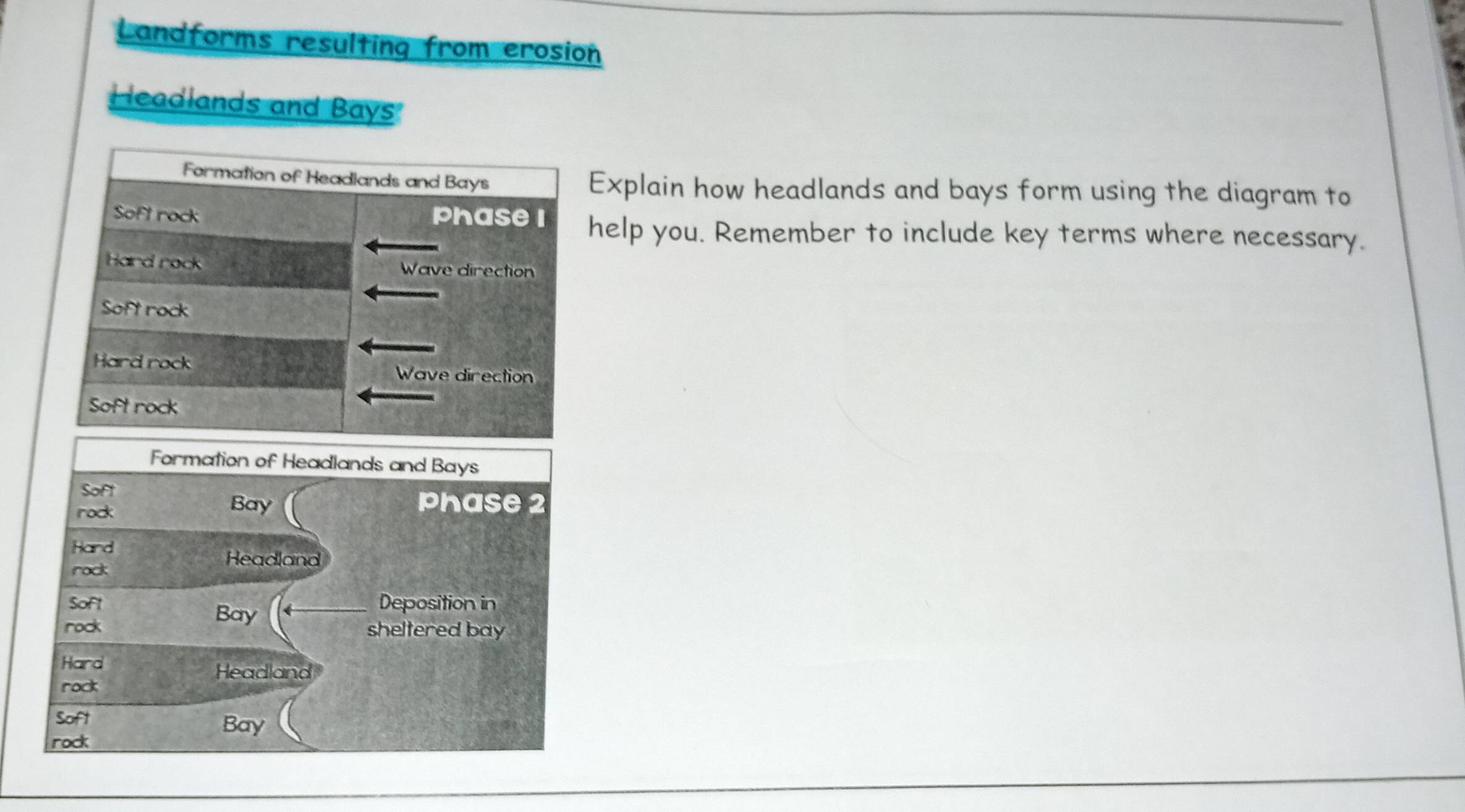 Landforms resulting from erosion 
Headlands and Bays 
Formation of Headlands and Bays Explain how headlands and bays form using the diagram to 
Soft rock phase I help you. Remember to include key terms where necessary. 
Hard rock Wave direction 
Soft rock 
Hard rock Wave direction 
Soft rock 
Formation of Headlands and Bays 
Soft 
rock Bay 
hase 2
Hand Headland 
rock 
Soft Deposition in 
Bay ← 
rock sheltered bay 
Hard 
Headland 
rack 
Soft 
Bay 
rock