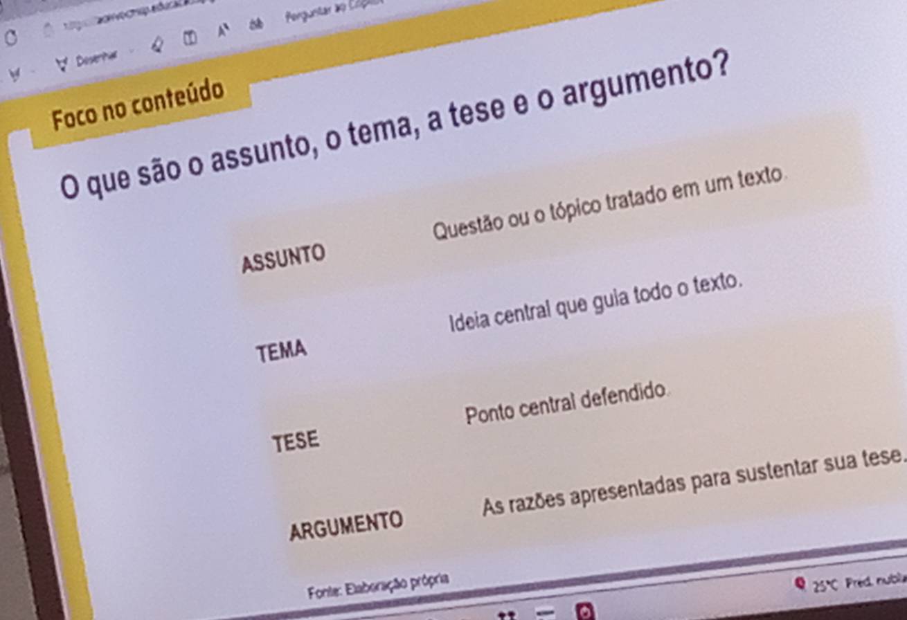 Perguntar ao Co 
Deserhar 
Foco no conteúdo 
O que são o assunto, o tema, a tese e o argumento? 
ASSUNTO Questão ou o tópico tratado em um texto 
TEMA Ideia central que guia todo o texto. 
Ponto central defendido 
TESE 
ARGUMENTO As razões apresentadas para sustentar sua tese 
Fonte: Elaboração própria
25°C Pred. nubia