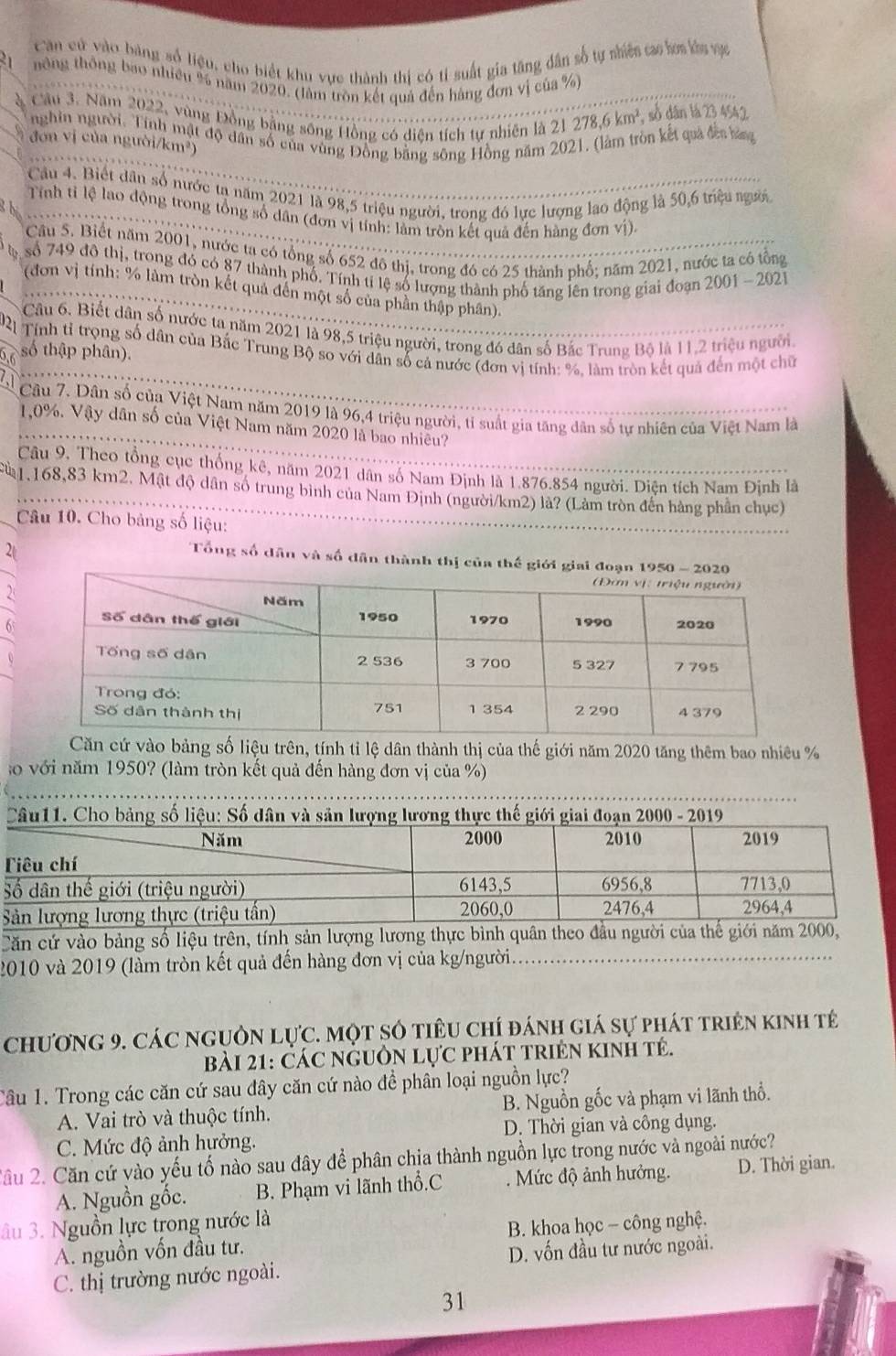 Can cử vào băng số liệu, cho biết khu vực thành thị có tí suất gia tăng dân số tự shiên cao hơm làs vực
thông thông bao nhiều % năm 2020. (làm tròn kết quả đến hàng đơn vị của %)
Cầu 3. Năm 2022, vùng Đồng bằng sông Hồng có diên tích tự nhiên là 21 27 18.6km , số dân lá 23 4542
nghin người. Tính mật độ dân số của vùng Đồng bằng sông Hồng năm 2021. (làm tròn kết quả đến bàng đơn vị của người/km²)
Câu 4. Biết dân số nước ta năm 2021 là 98,5 triệu người, trong đó lực lượng lao động là 50,6 triệu người
Tính tỉ lệ lao động trong tổng số dân (đơn vị tính: làm tròn kết quả đến hàng đơn vị).
Câu 5. Biết năm 2001, nước ta có tổng số 652 đô thị, trong đó có 25 thành nhố; năm 2021, nước ta có tổng
* số 749 đô thị, trong đó có 87 thành phố. Tính tỉ lệ số lượng thành phố tăng lên trong giai đoạn 2001 - 2021
(đơn vị tính: % làm tròn kết quả đến một số của phần thập phân).
Câu 6. Biết dân số nước ta năm 2021 là 98,5 triệu người, trong đó dân số Bắc Trung Bộ là 11.2 triệu người.
Tính tỉ trọng số dân của Bắc Trung Bộ so với dân số cả nước (đơn vị tính: %, làm tròn kết quả đến một chữ
số thập phân).
a Câu 7, Dân số của Việt Nam năm 2019 là 96,4 triệu người, tỉ suất gia tăng dân số tự nhiên của Việt Nam là
1,0%. Vậy dân số của Việt Nam năm 2020 là bao nhiều?
Câu 9, Theo tổng cục thống kê, năm 2021 dân số Nam Định là 1.876.854 người. Diện tích Nam Định là
* 1,168,83 km2. Mật độ dân số trung bình của Nam Định (người/km2) là? (Làm tròn đến hàng phần chục)
Câu 10. Cho bảng số liệu:
21
Tổng số dân và số dân thành thị của thế giới giai đoạn 195
o bảng số liệu trên, tính tỉ lệ dân thành thị của thế giới năm 2020 tăng thêm bao nhiêu %
o với năm 1950? (làm tròn kết quả đến hàng đơn vị của %)
Căn cứ vào bảng số liệu trên, tính sản lượng lương thực bình quân theo đầu người của thế giới năm 20,
2010 và 2019 (làm tròn kết quả đến hàng đơn vị của kg/người
chương 9. CáC ngUồn LựC. Một số tiêu chí đánh giá sự phát triên kinh tế
Bài 21: CáC nGUồN Lực phát trIên kInH tẻ.
Tâu 1. Trong các căn cứ sau đây căn cứ nào đề phân loại nguồn lực?
A. Vai trò và thuộc tính. B. Nguồn gốc và phạm vi lãnh thổ.
C. Mức độ ảnh hưởng. D. Thời gian và công dụng.
2ầu 2. Căn cứ vào yếu tố nào sau đây để phân chịa thành nguồn lực trong nước và ngoài nước?
A. Nguồn gốc. B. Phạm vi lãnh thổ.C . Mức độ ảnh hưởng. D. Thời gian.
âu 3. Nguồn lực trong nước là
A. nguồn vốn đầu tư.  B. khoa học - công nghệ.
C. thị trường nước ngoài. D. vốn đầu tư nước ngoài.
31