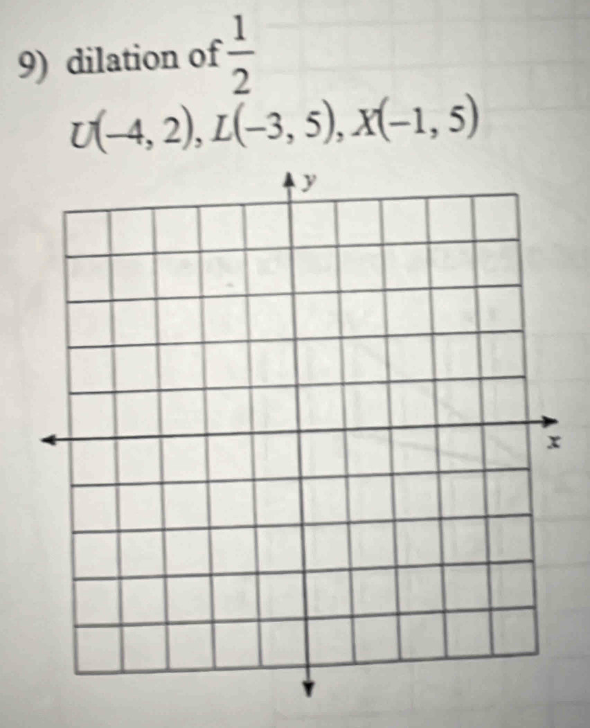 dilation of  1/2 
U(-4,2), L(-3,5), X(-1,5)