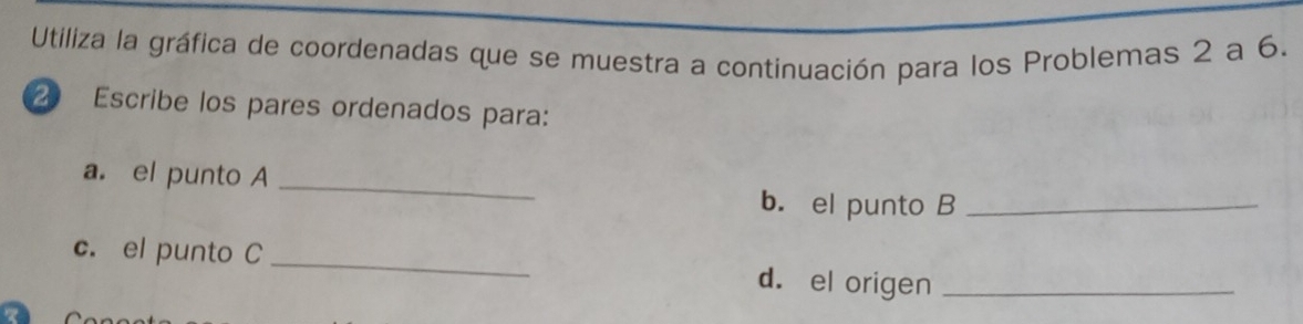 Utiliza la gráfica de coordenadas que se muestra a continuación para los Problemas 2 a 6. 
2 Escribe los pares ordenados para: 
a. el punto A_ 
b. el punto B_ 
c. el punto C _d. el origen_