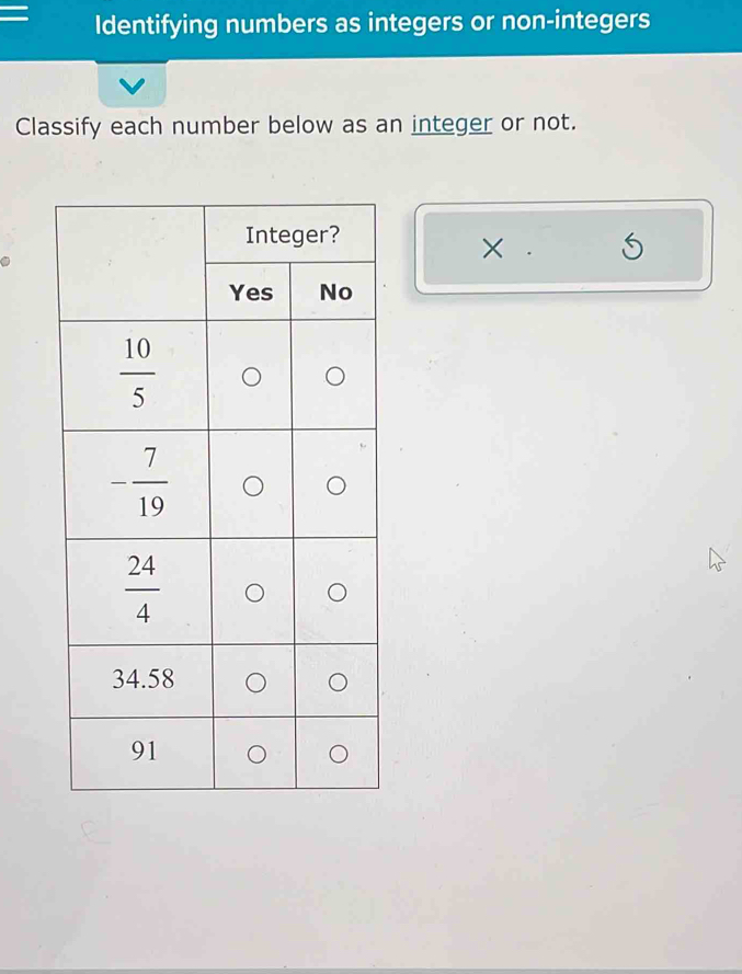 Identifying numbers as integers or non-integers
Classify each number below as an integer or not.
×