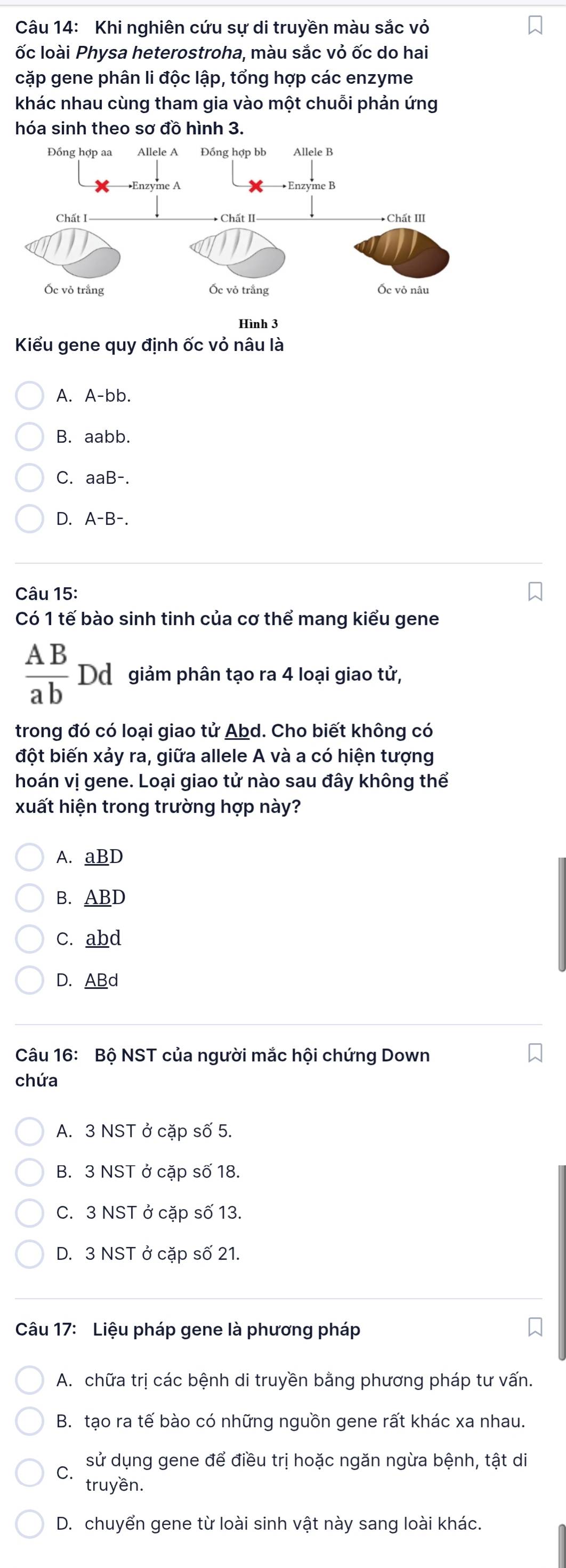 Khi nghiên cứu sự di truyền màu sắc vỏ
ốc loài Physa heterostroha, màu sắc vỏ ốc do hai
cặp gene phân li độc lập, tổng hợp các enzyme
khác nhau cùng tham gia vào một chuỗi phản ứng
hóa sinh theo sơ đồ hình 3.
Kiểu gene quy định ốc vỏ nâu là
A. A-bb.
B. aabb.
C. aaB-.
D.
Câu 15:
Có 1 tế bào sinh tinh của cơ thể mang kiểu gene
 AB/ab Dd giảm phân tạo ra 4 loại giao tử,
trong đó có loại giao tử Abd. Cho biết không có
đột biến xảy ra, giữa allele A và a có hiện tượng
hoán vị gene. Loại giao tử nào sau đây không thể
xuất hiện trong trường hợp này?
A. aBD
B. ABD
c. abd
D. ABd
Câu 16: Bộ NST của người mắc hội chứng Down
chứa
A. 3 NST ở cặp số 5.
B. 3 NST ở cặp số 18.
C. 3 NST ở cặp số 13.
D. 3 NST ở cặp số 21.
Câu 17: Liệu pháp gene là phương pháp
A. chữa trị các bệnh di truyền bằng phương pháp tư vấn.
B. tạo ra tế bào có những nguồn gene rất khác xa nhau.
C. sử dụng gene để điều trị hoặc ngăn ngừa bệnh, tật di
truyền.
D. chuyển gene từ loài sinh vật này sang loài khác.