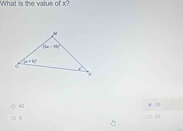 What is the value of x?
42
38
5
22