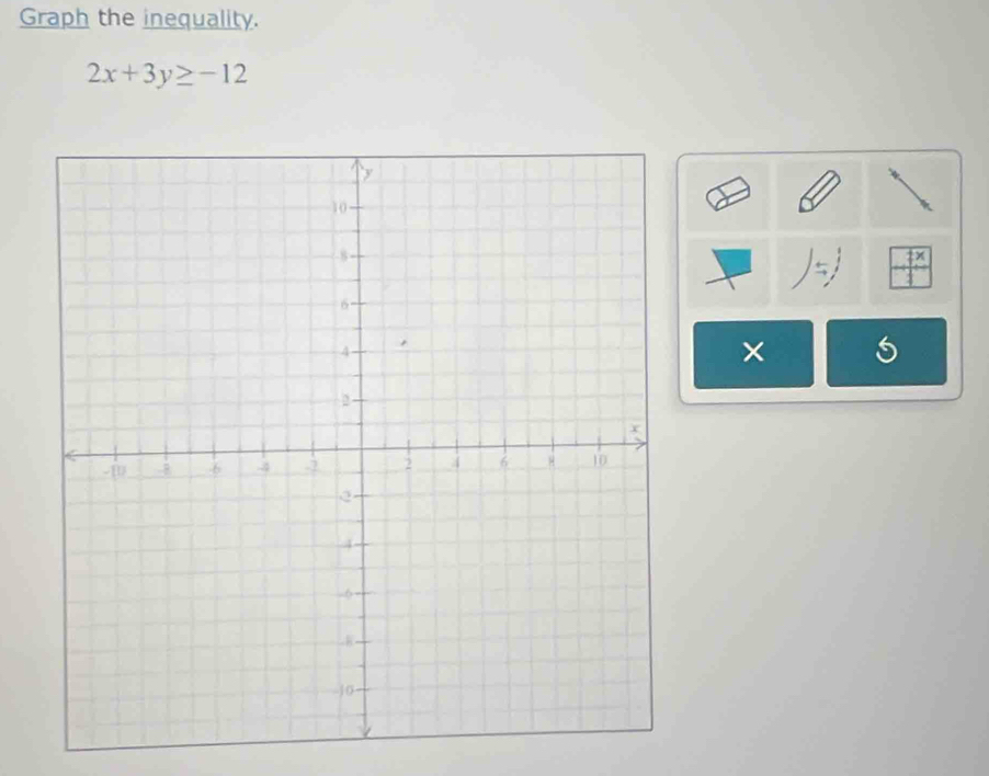 Graph the inequality.
2x+3y≥ -12
×