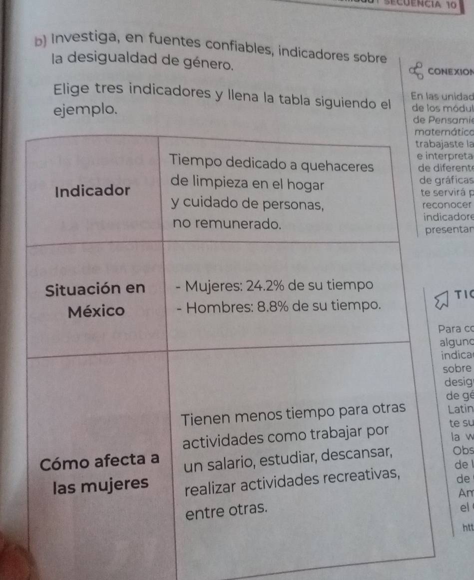 écuêncía 10 
b) Investiga, en fuentes confiables, indicadores sobre 
la desigualdad de género. CONEXION 
Elige tres indicadores y llena la tabla siguiendo el En las unidad 
ejemplo. de los módul 
sami 
ático 
ste la 
preta 
ent 
ficas 
virá p 
ocer 
adore 
entan 
TIC 
ara c 
guno 
dica 
obre 
esig 
de gé 
Latin 
te su 
la w 
Obs 
de l 
de 
Am 
el 
htt