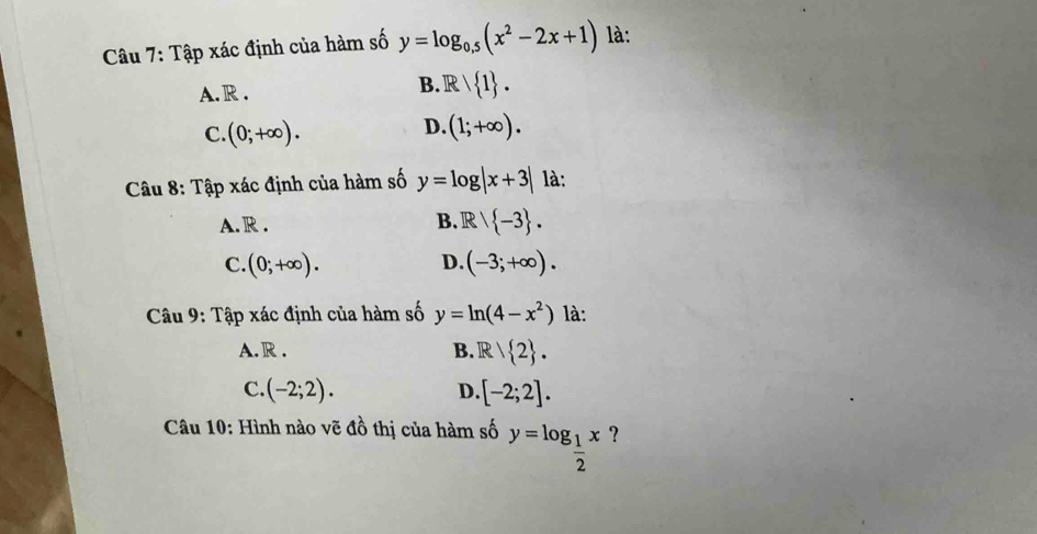 Tập xác định của hàm số y=log _0.5(x^2-2x+1) là:
A. R.
B. Rvee  1.
D.
C. (0;+∈fty ). (1;+∈fty ). 
Câu 8: Tập xác định của hàm số y=log |x+3| là:
A. R.
B. R/ -3.
C. (0;+∈fty ). D. (-3;+∈fty ). 
Câu 9: Tập xác định của hàm số y=ln (4-x^2) là:
A. R . B. R/ 2.
C. (-2;2). D. [-2;2]. 
Câu 10: Hình nào vẽ đồ thị của hàm số y=log _ 1/2 x ?